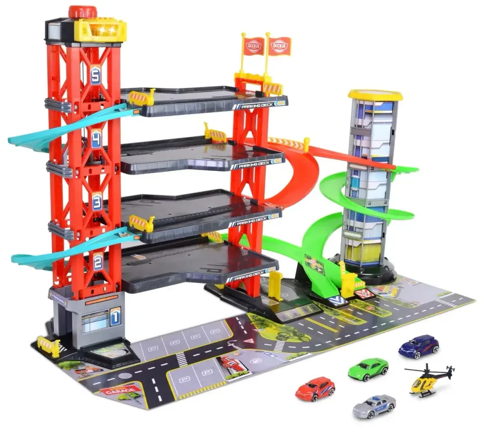 Dickie Toys Parkeringsgarages är en häftig present till 3 årig kille där man kan köra bilar nerför garaget eller flyga med helikoptern.