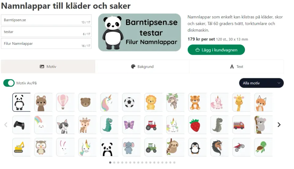 Filur Namnlappars beställningssida, där man väljer motiv och text till namnlapparna.