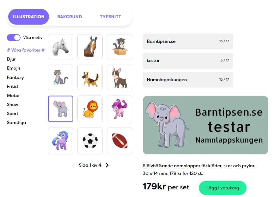 Namnlappskungens sortiment av namnlappar för kläder, skor, skolsaker och vattenflaskor.