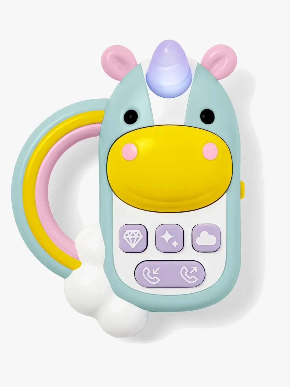 Skip Hop Zoo leksakstelefon formad som en enhörning med regnbågshandtag.