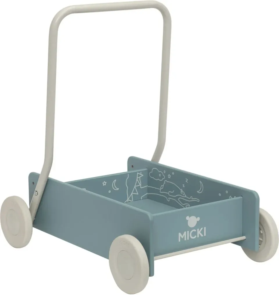 En traditionell lära gå vagn med ett flak, hjul och ett handtag för barnet att hålla sig i.